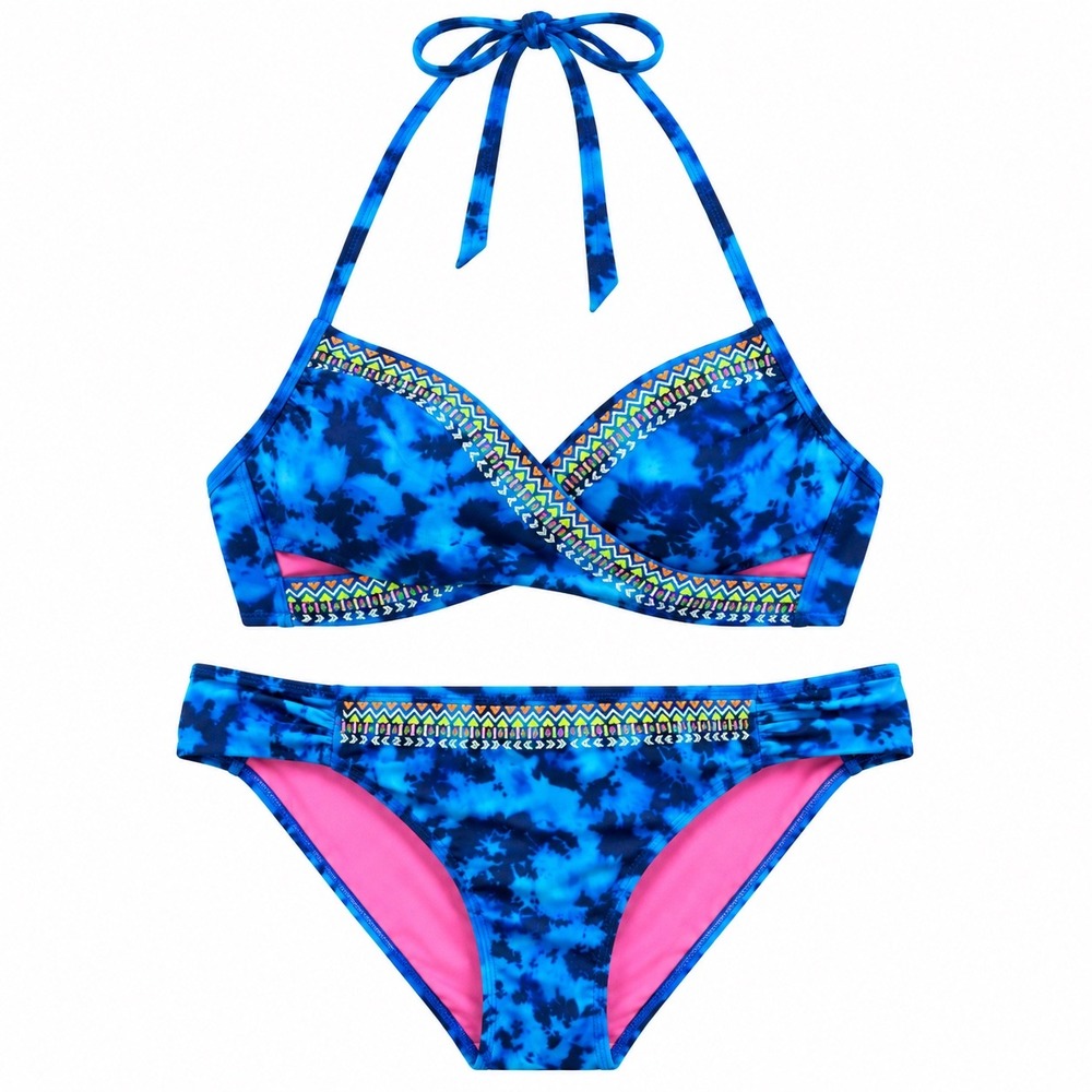 Pink Victorias Secret Blue Tie Dye Halter Bikini Medium Wrap Top Embroidered